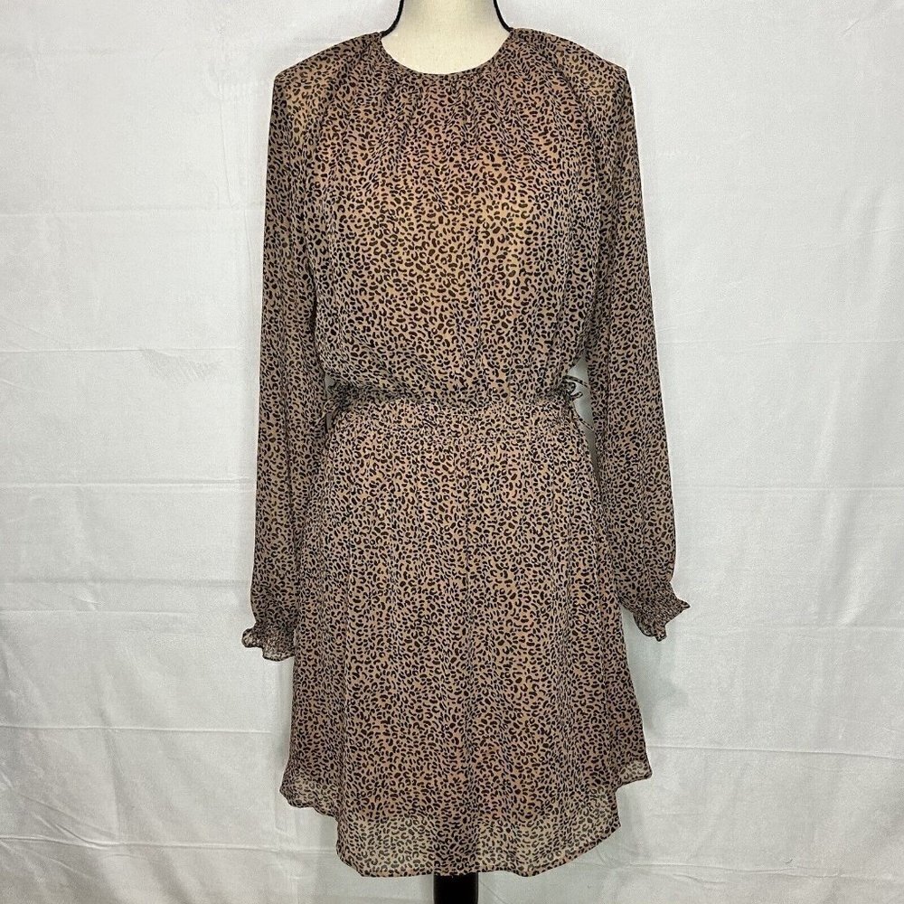 H&M Long Sleeve Animal Print Dress Brown Cinch Waist Lined Girls Sz 20